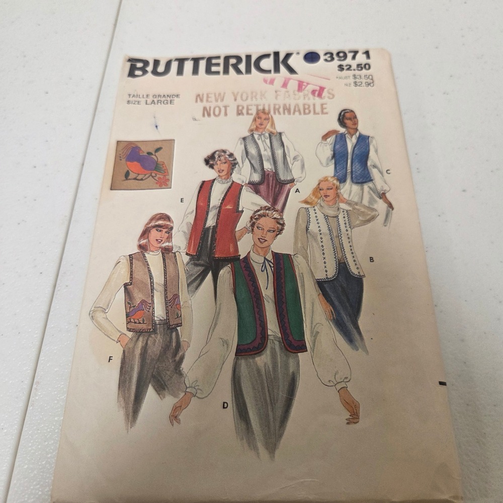 Vintage Butterick 3971 Misses Vest Sewing Pattern Size Large Transfer Included